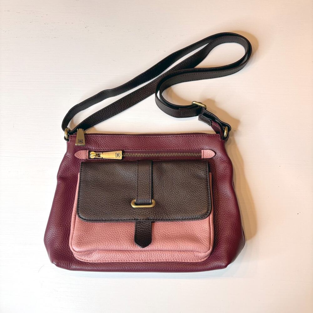 J.W. Hulme Leather Crossbody Shoulder Bag Burgundy Pink Brown Colorblock